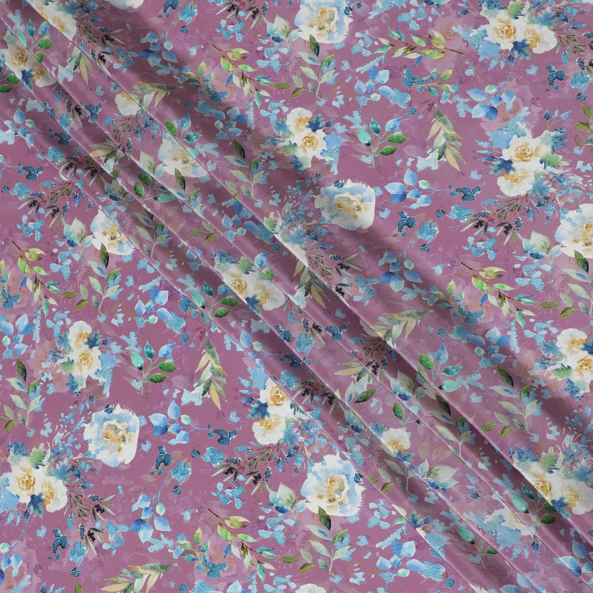 Lavender synthetic crepe fabric with multicolor print in floral design-D14466
