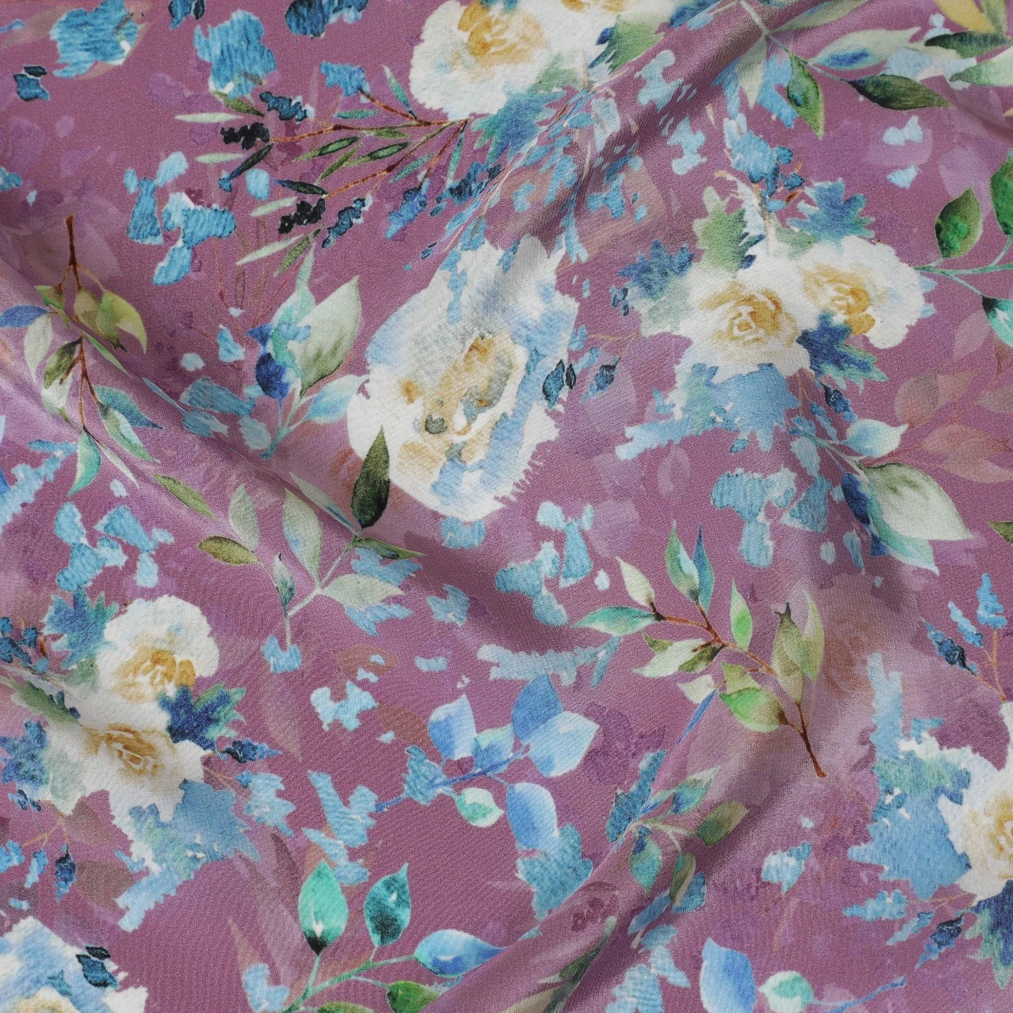 Lavender synthetic crepe fabric with multicolor print in floral design-D14466