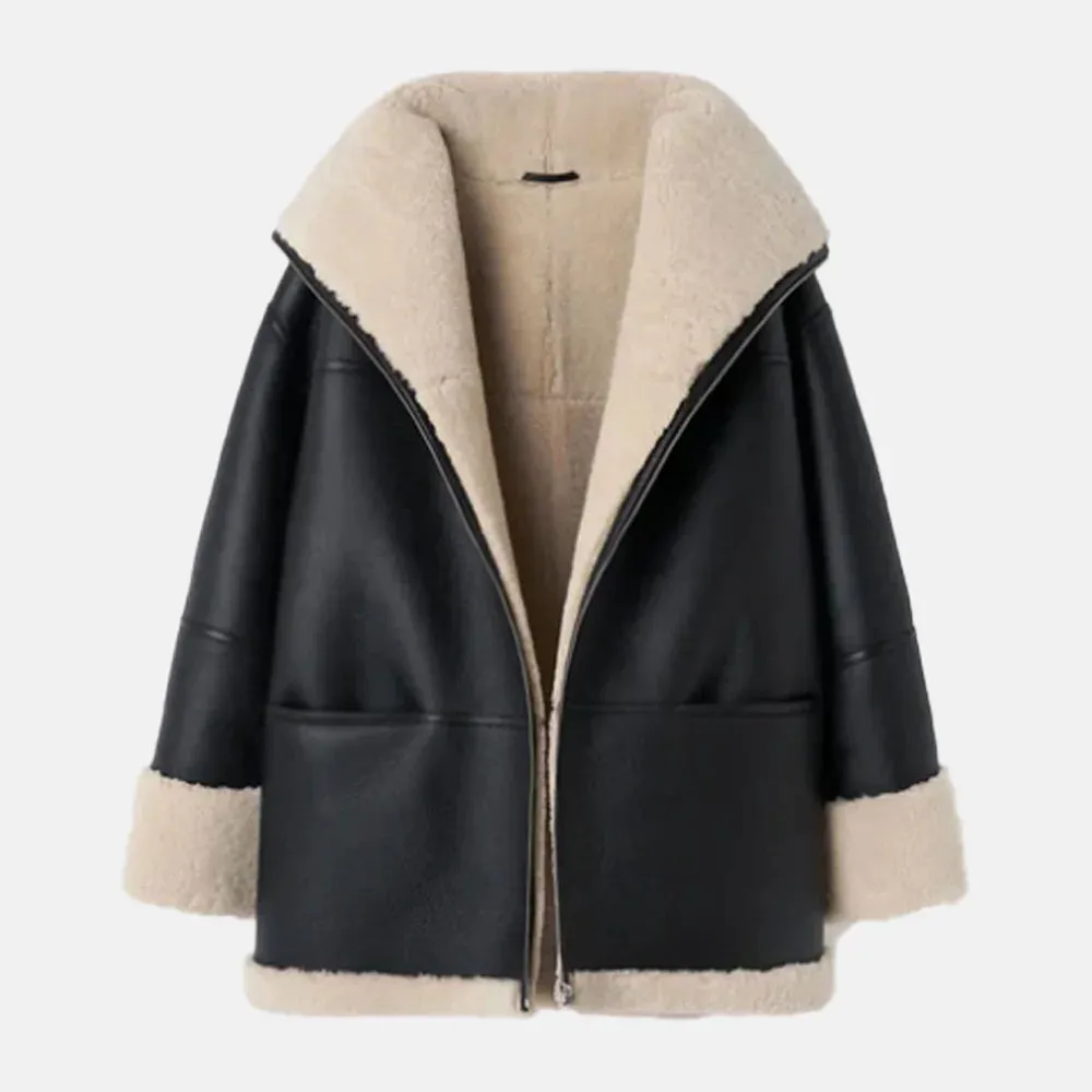 Long Furry Women Bomber Leather Jacket
