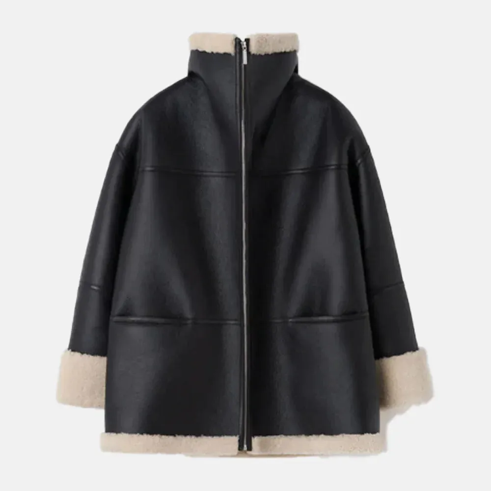 Long Furry Women Bomber Leather Jacket