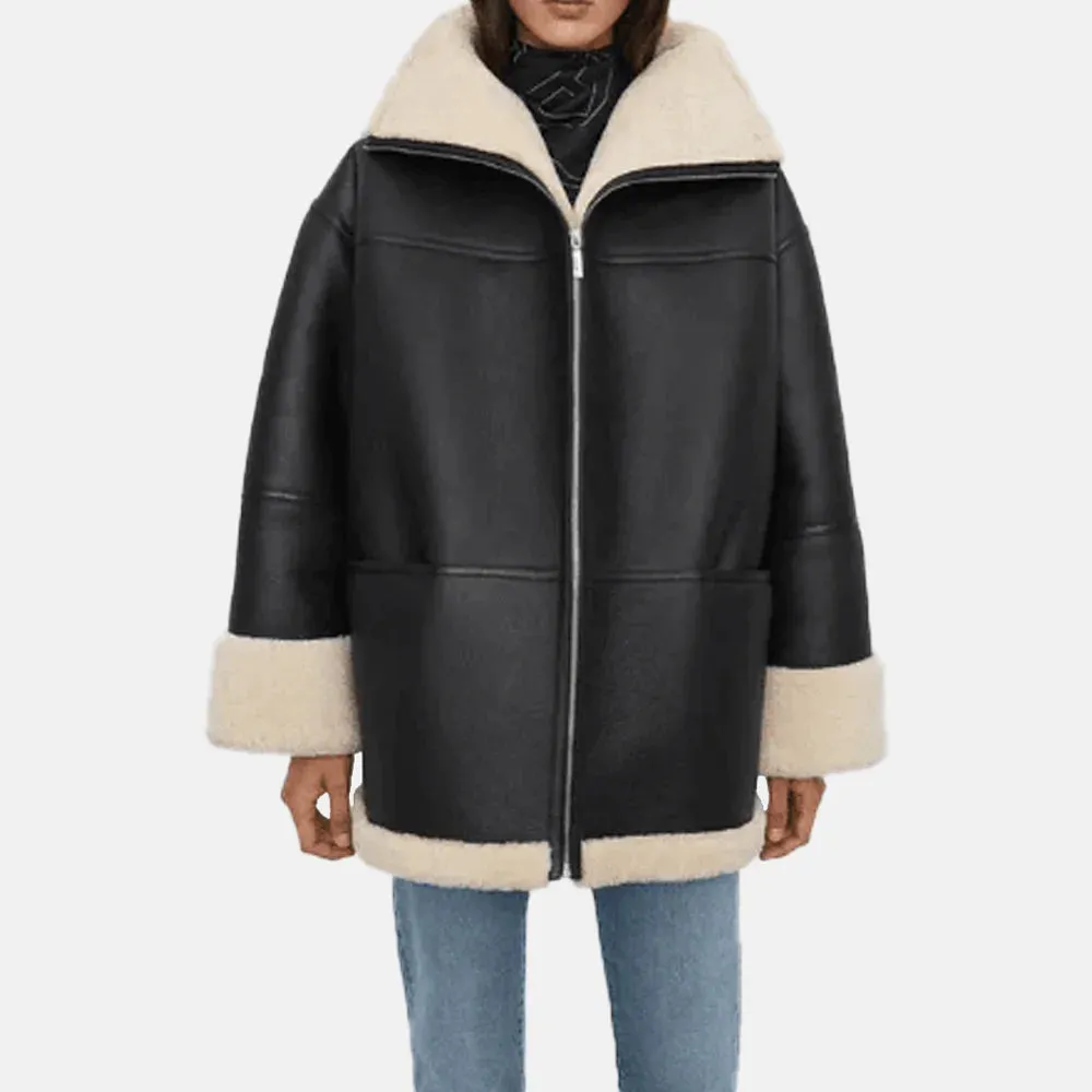 Long Furry Women Bomber Leather Jacket