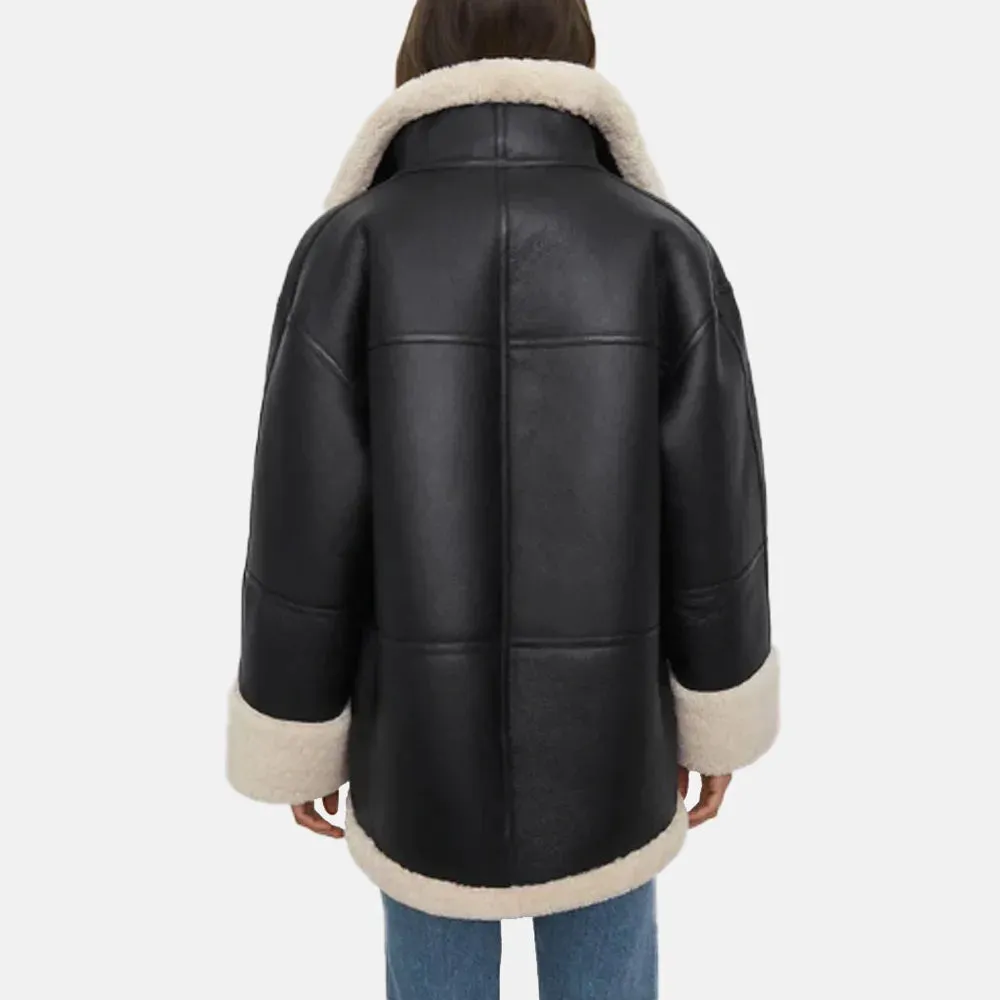 Long Furry Women Bomber Leather Jacket