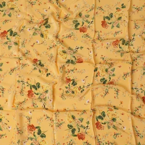 Mango orange synthetic crepe fabric with multicolor print in floral design-D17328 (1.4 mtrs)