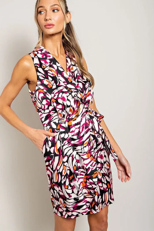 Orchid Print Tie Waist Wrap Mini Dress
