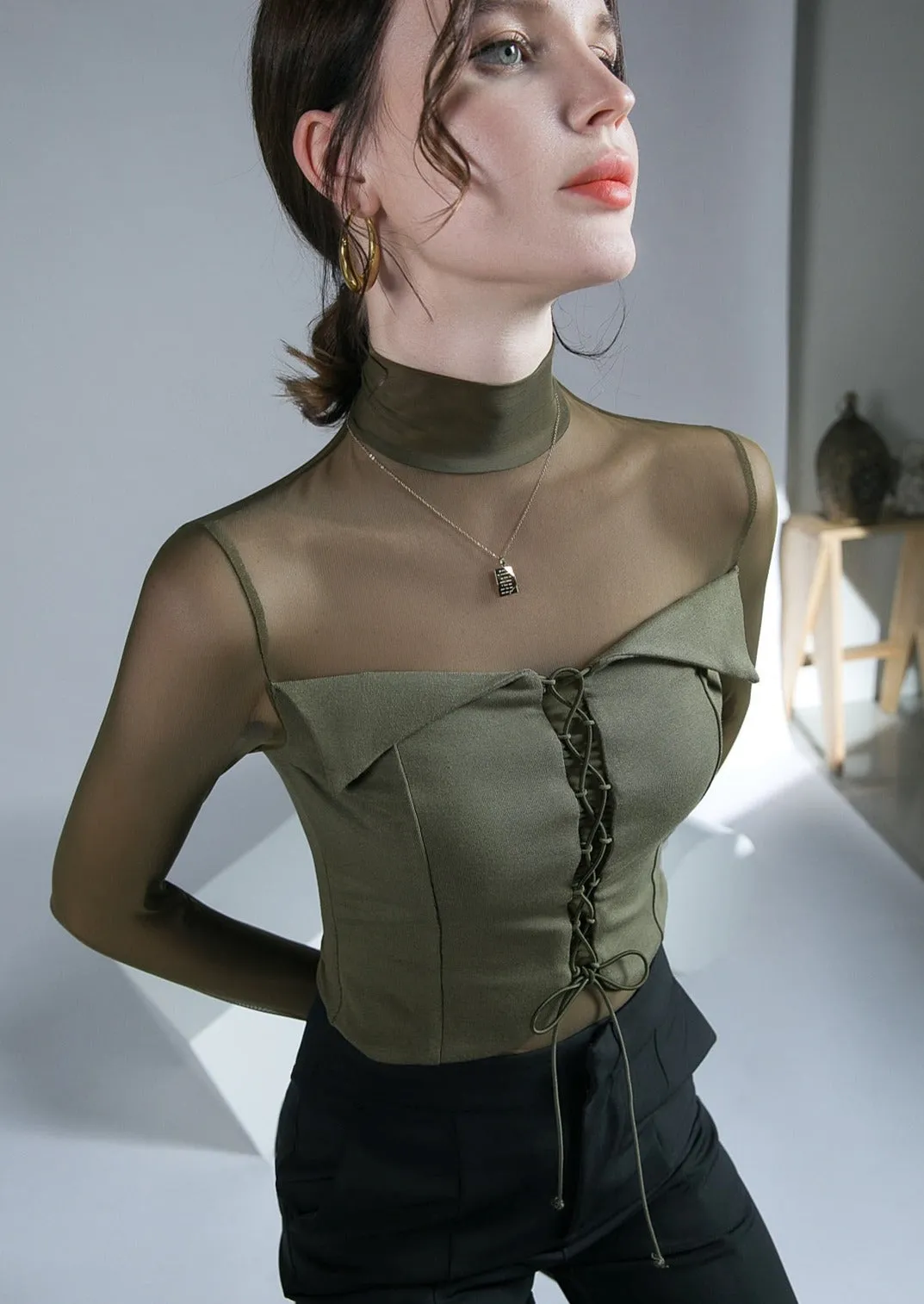 Paloma Lace Up Sheer Long-sleeve Top