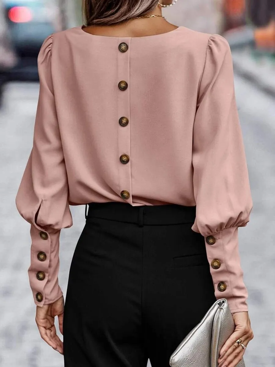 Puffed Sleeves Buttons Blouse 