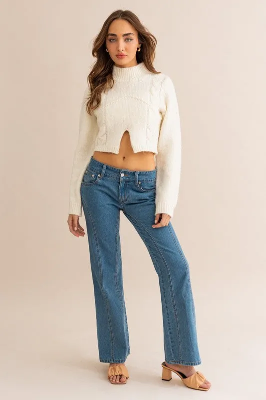 Shea Long Sleeve Mock Neck Cut Out Cropped Sweater Top White