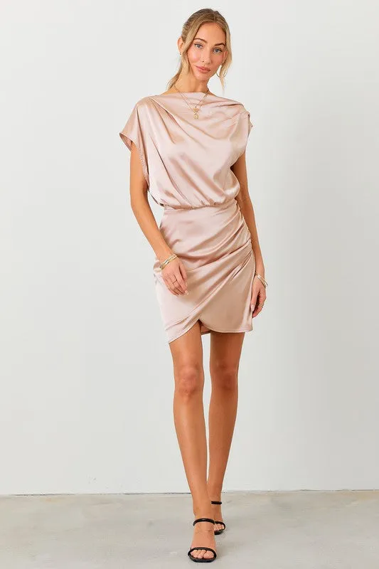 Taupe Wrap Hem Satin Mini Dress