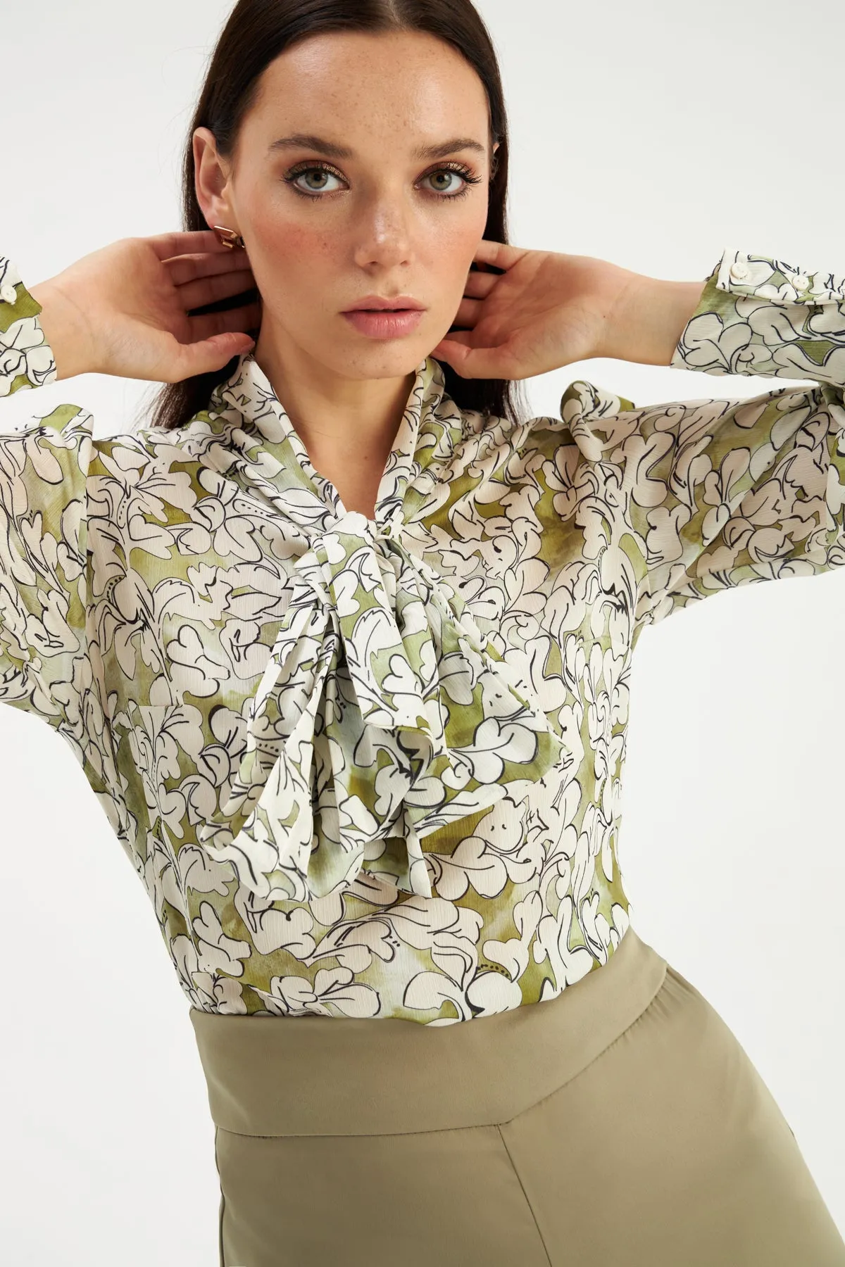Tie Collar Patterned Blouse - GREEN