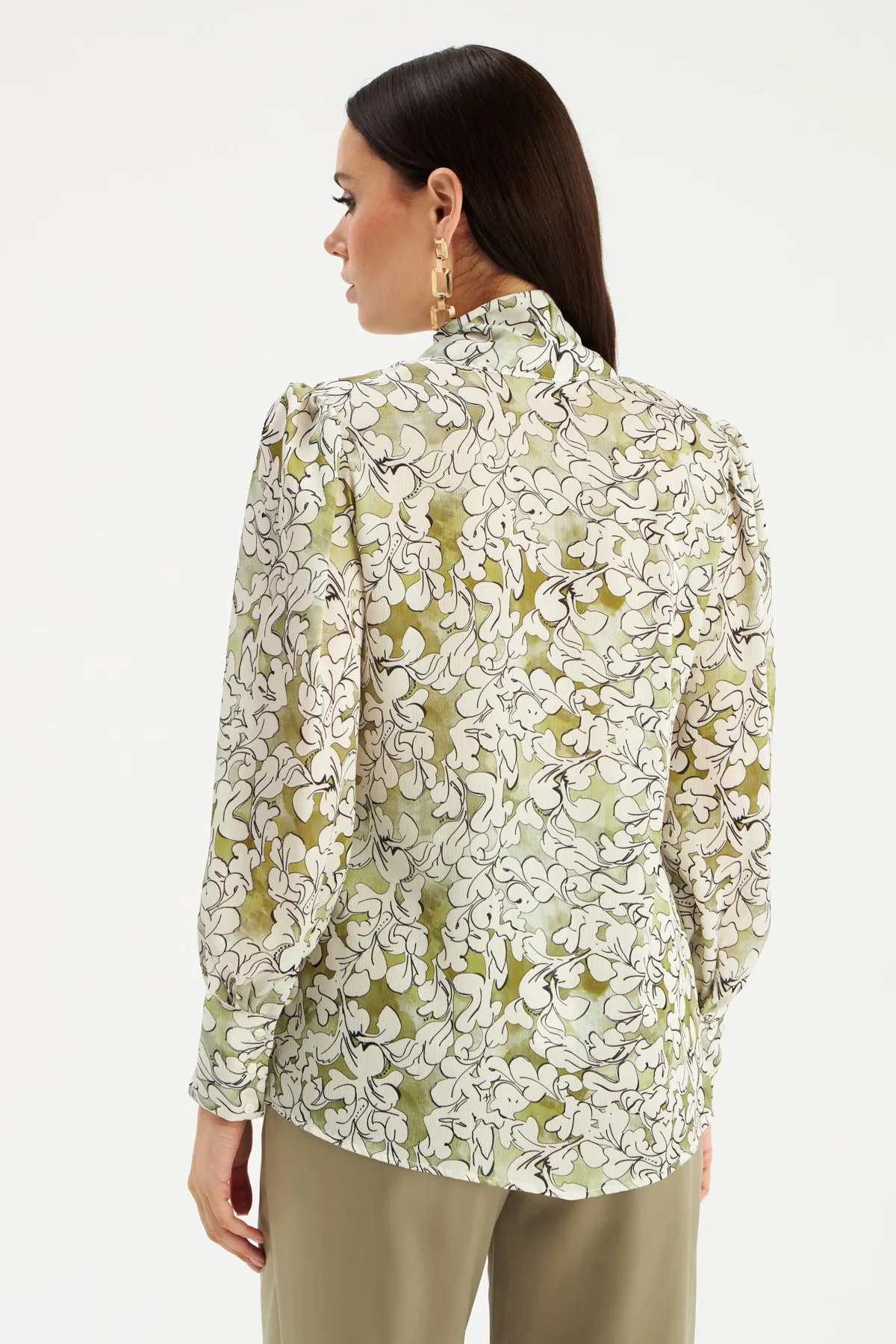 Tie Collar Patterned Blouse - GREEN