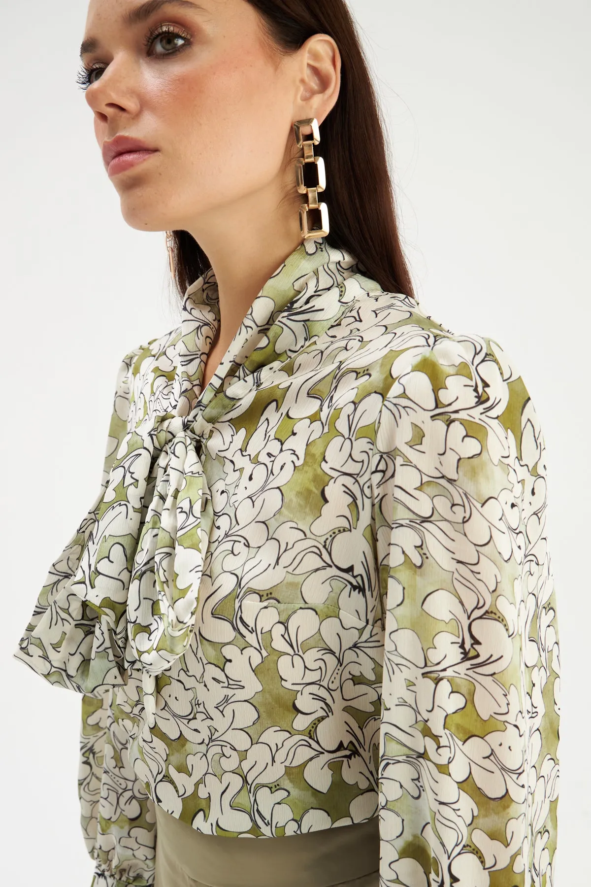 Tie Collar Patterned Blouse - GREEN