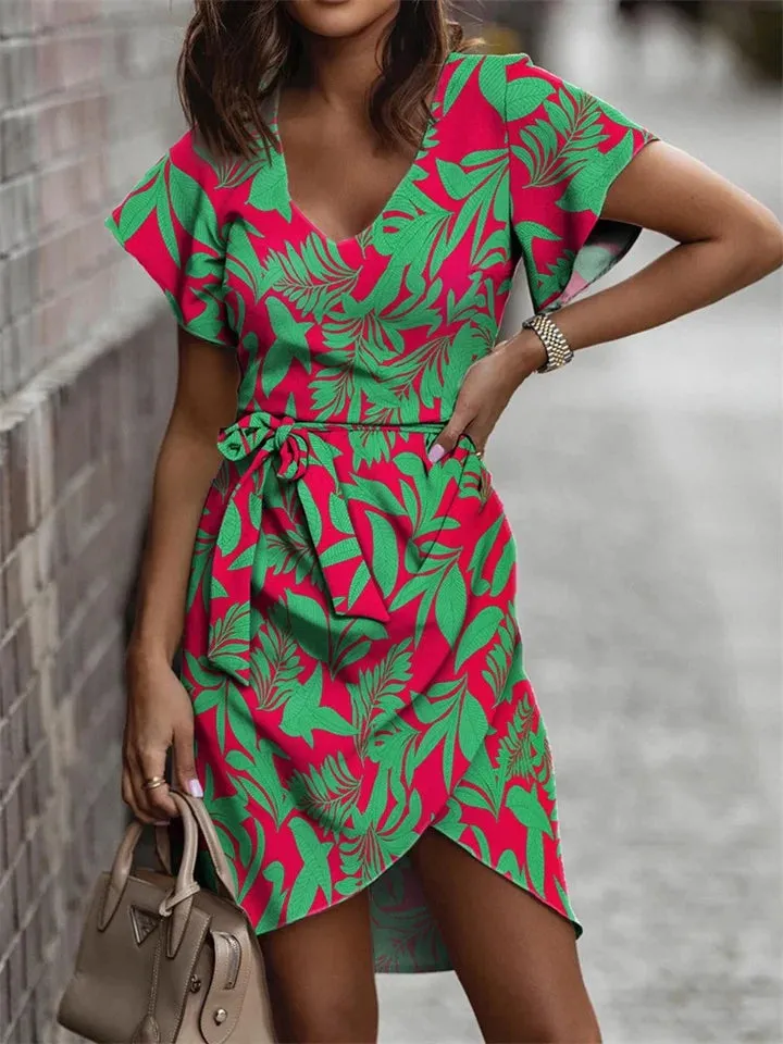 Violet - Casual Floral Print Dress with V-Neck and Belt