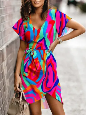 Violet - Casual Floral Print Dress with V-Neck and Belt
